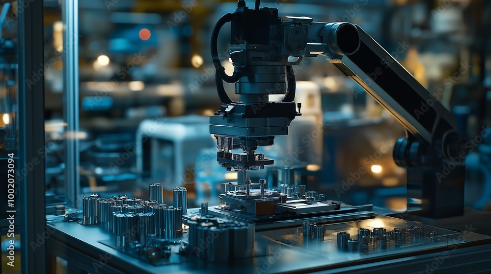 Fototapeta premium A high-tech factory with automated machines producing precision parts, high-tech factory, automated production process.