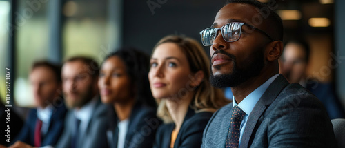 In modern office setting, diverse group of professionals attentively listens during meeting, showcasing collaboration and engagement. atmosphere reflects focus and determination