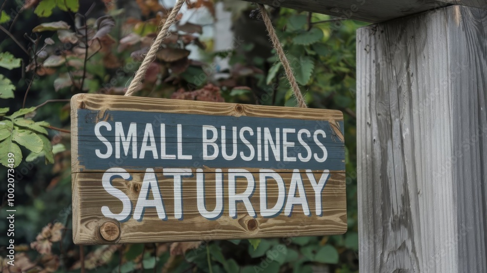 Wooden hanging sign with rope displaying Small Business Saturday, set against a natural wood grain Wooden hanging sign with rope displaying Small Business Saturday, set against a natural wood grain
