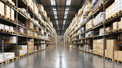 Wallpaper Mural A spacious warehouse filled with neatly stacked boxes on pallets. Torontodigital.ca