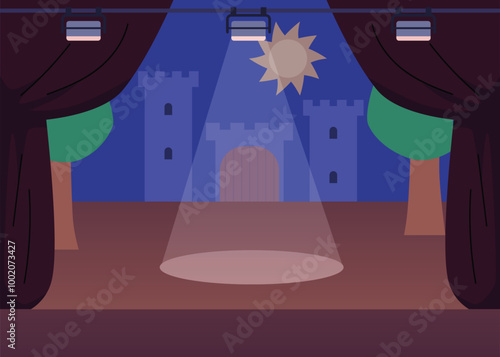 Empty theatre stage with medieval castle, sun and trees decorations, cartoon scene with curtains, spotlights flat vector
