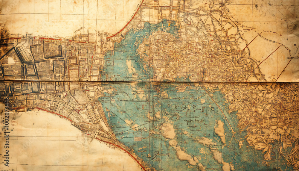 Obraz premium Antique maps of old cities or unexplored territories, with faded colors and intricate details, giving a historic and adventurous vibe.
