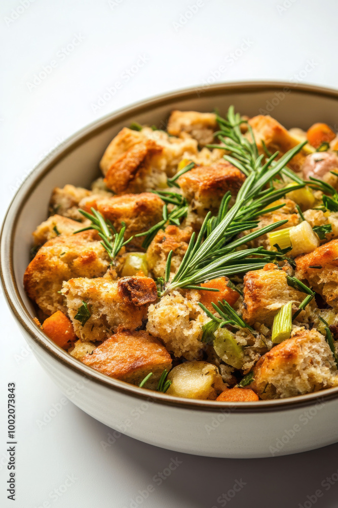 A bowl filled with a savory stuffing dish made of breadcrumbs, vegetables, and fresh herbs sits appealingly arranged on a white background. A bowl filled with a savory stuffing dish made of breadcrumbs, vegetables, and fresh herbs sits appealingly arranged on a white background.