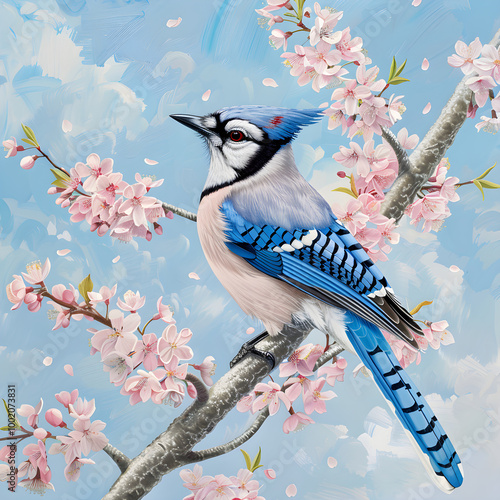 Blue jay perched on cherry blossom branch painting photo