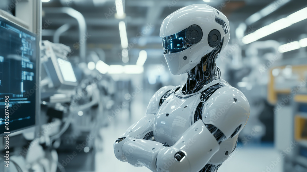 Smart factory and Industry 4.0 featuring M2M computer-aided manufacturing, along with 3D humanoid robot technology. A futuristic cybersecurity machine representing AI in future industry engineering an Smart factory and Industry 4.0 featuring M2M computer-aided manufacturing, along with 3D humanoid robot technology. A futuristic cybersecurity machine representing AI in future industry engineering an