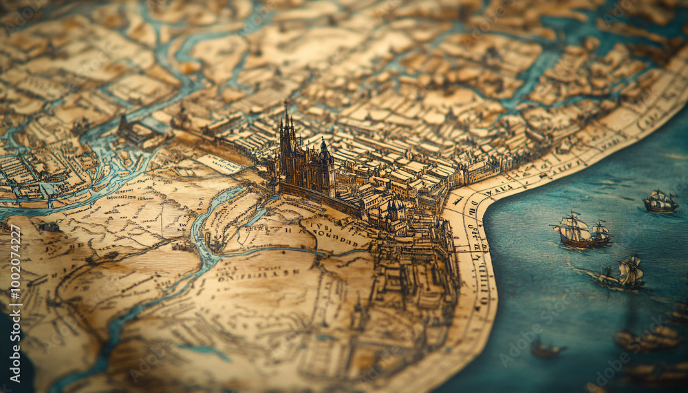 Naklejka premium Antique maps of old cities or unexplored territories, with faded colors and intricate details, giving a historic and adventurous vibe.