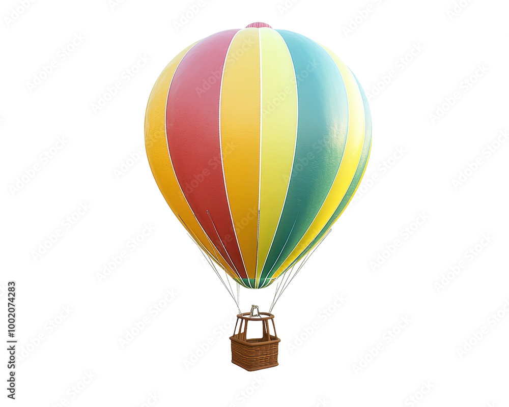 Naklejka premium A colorful hot air balloon ready for flight, showcasing vibrant stripes and a wicker basket.