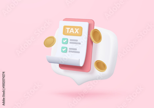 3d tax statistic and wealth management on clipboard checklist. Composition report with financial annual accounting, calculate risk and plan pay invoice. 3d tax strategy vector icon render illustration