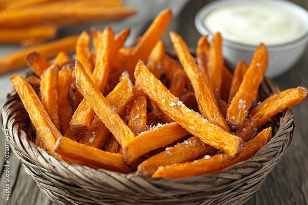 A Basket of Lightly Salted Sweet Potato Fries: Delicious Snack A Basket of Lightly Salted Sweet Potato Fries: Delicious Snack