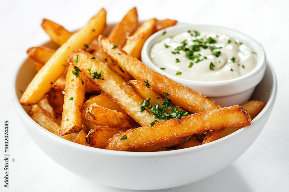 Classic French Fries Served with a Side of Creamy Garlic Dipping Sauce: A Mouthwatering Combination Classic French Fries Served with a Side of Creamy Garlic Dipping Sauce: A Mouthwatering Combination
