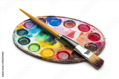 Palette Displays a Spectrum of Vivid Watercolor Paints and Brushes for Creative Pursuits