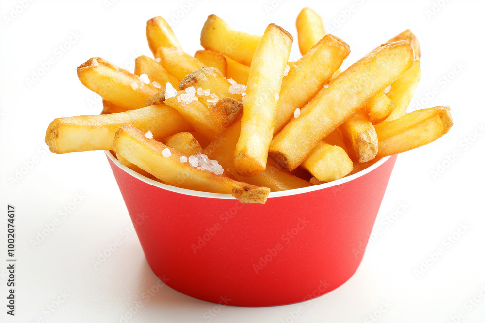 Golden, Crispy French Fries in a Red Paper Cup: A Classic Snack for On-the-Go Enjoyment Golden, Crispy French Fries in a Red Paper Cup: A Classic Snack for On-the-Go Enjoyment