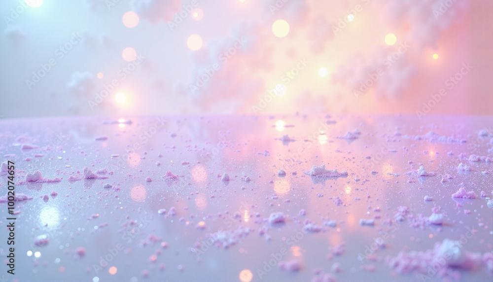 Fototapeta premium Soft pastel lighting and floating particles in an ethereal atmosphere, pink and light blue tones with copy space