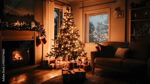 Cozy living room with a glowing Christmas tree, a warm fireplace, and beautifully wrapped gifts under the tree, evoking a classic holiday feel. The scene captures the warmth and joy of the Christmas