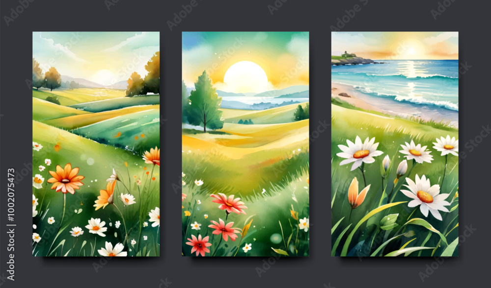 Fototapeta premium Set of cards with illustration of autumn and spring landscape with a wish of a good day, water color painting style, banner and template design.