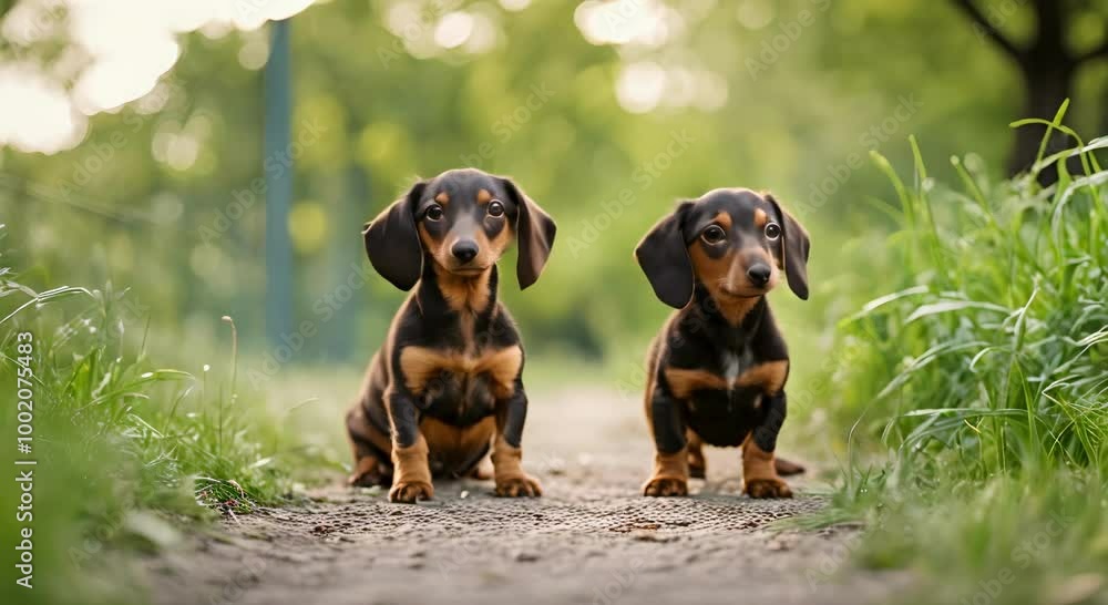 Adorable Dachshund Puppy with Floppy Ears Sitting in a Park, Bouncing to a Catchy Tune | 4K Video Adorable Dachshund Puppy with Floppy Ears Sitting in a Park, Bouncing to a Catchy Tune | 4K Video