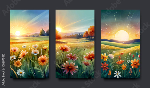 Set of cards with illustration of autumn and spring landscape with a wish of a good day, water color painting style, banner and template design.