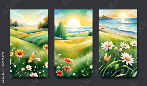 Set of cards with illustration of autumn and spring landscape with a wish of a good day, water color painting style, banner and template design.