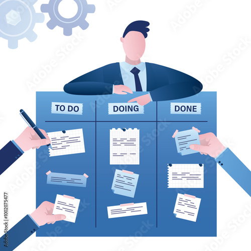 Project management, planning of work and business. Kanban board methodology. Meeting process, cards with tasks on blackboard, teamwork visualization in office.