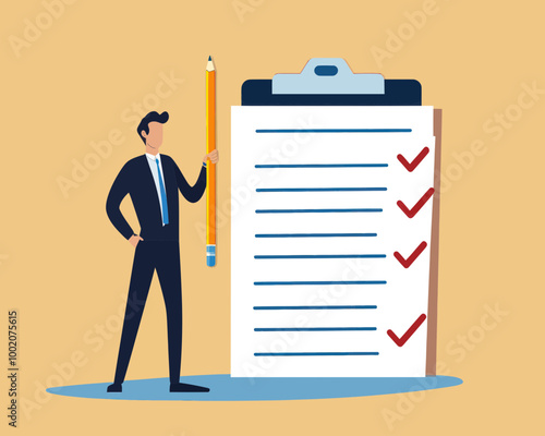 Confident Businessman with Pencil Standing Next to Completed Task Checklist, Business Strategy and Responsibility Concept, Flat Minimalist SVG Vector