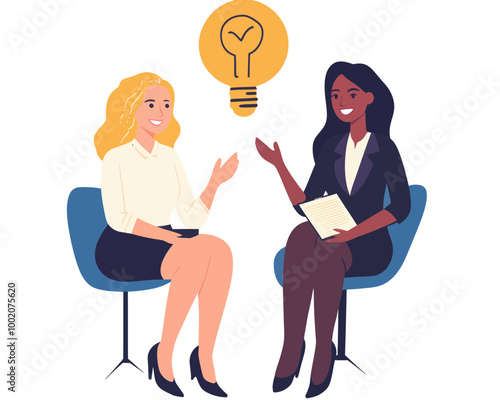 Cheerful Businesswomen Sharing Feedback for Team Improvement and Idea Development in Flat Minimalist Style Vector