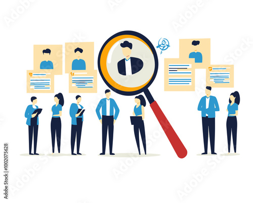 HR Recruitment and Hiring Process Illustration with Business People Selecting Resume for Job Candidate Using Magnifying Glass, Flat Minimalist SVG Vector Concept