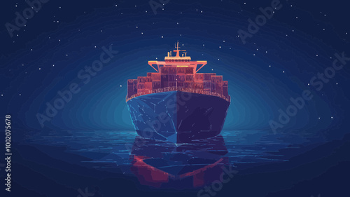 Abstract Low Poly 3D Cargo Ship on Dark Blue Background - International Shipping Concept, Digital Vector Mesh Illustration, Starry Sky Minimalist Style for Logistics and Transportation