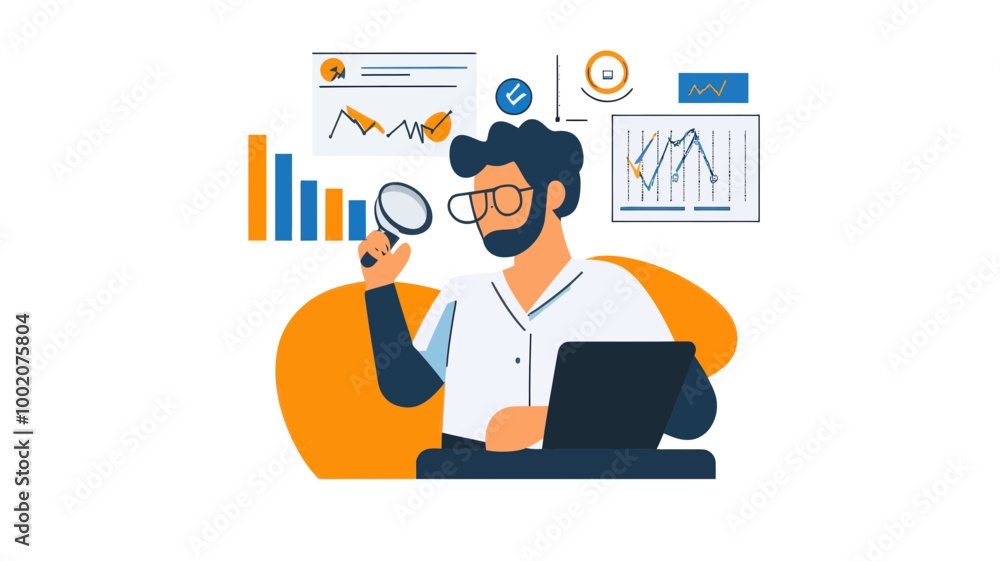 SEO Optimization Analysis Concept - Cartoon Businessman Analyzing Data with Laptop, Charts, and Graphs for Digital Marketing Improvement SEO Optimization Analysis Concept - Cartoon Businessman Analyzing Data with Laptop, Charts, and Graphs for Digital Marketing Improvement