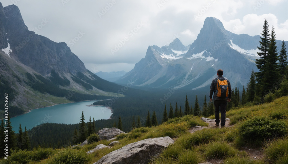 Fototapeta premium Hiker enjoying breathtaking mountain view near a lake on a cloudy day