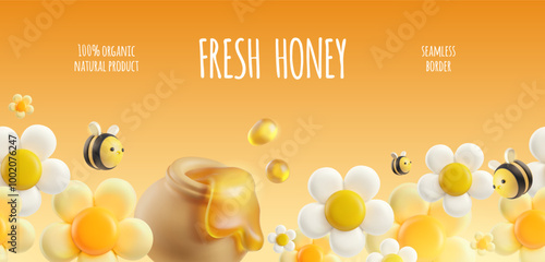 3d vector horizontal poster with seamless border with honey, white flowers and bees.