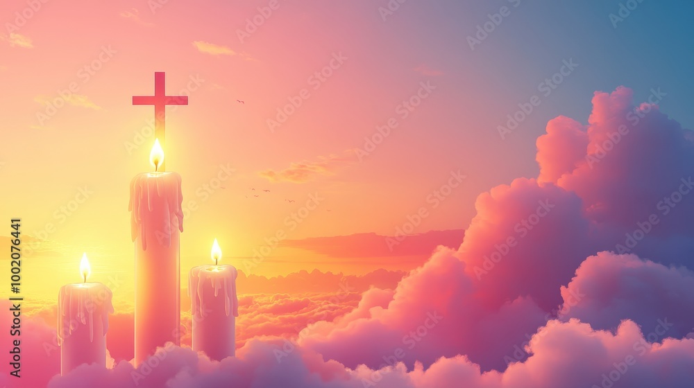 Naklejka premium A calm scene of glowing candles and a cross among soft clouds symbolizes eternal rest