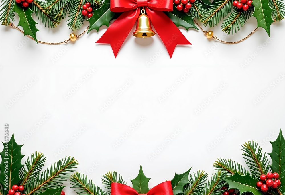 A border of holly leaves and red bows with a bell. A border of holly leaves and red bows with a bell.