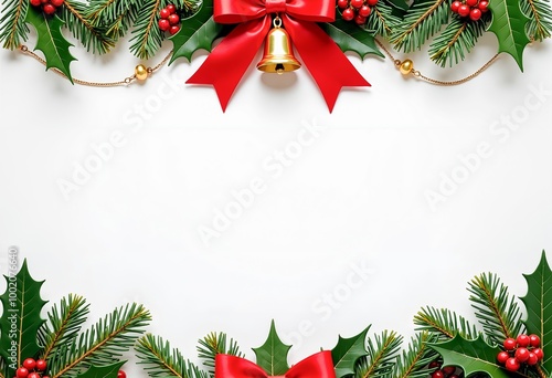 A border of holly leaves and red bows with a bell.