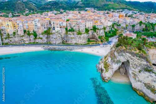 Tropea, Calabria, Italy. Church of Santa Maria dell'Isola. Monastery and coastline with azure crystal-clear water