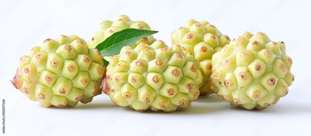 Five green, bumpy, round fruits with a leaf, arranged on a white surface.