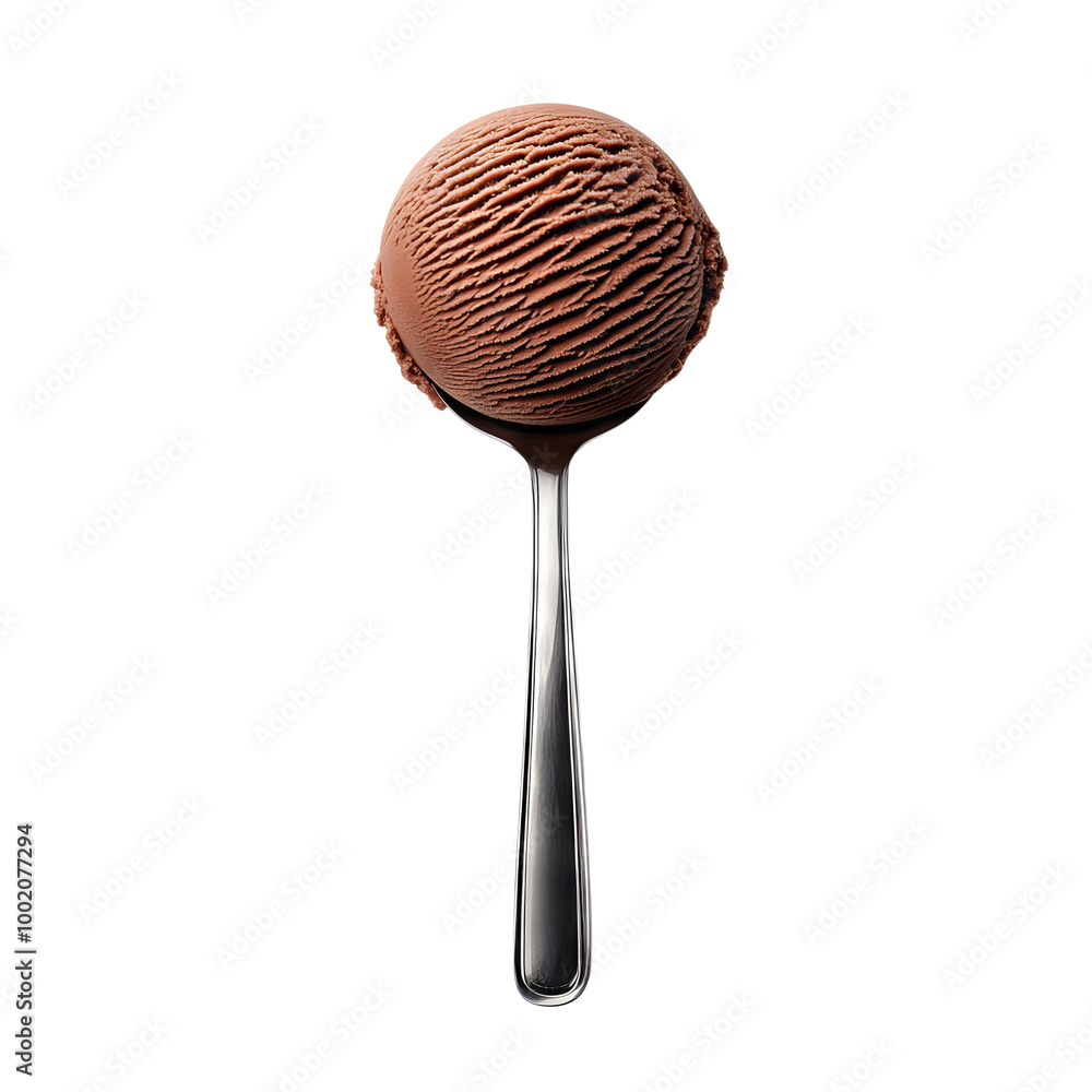 Chocolate ice cream scoop on a silver spoon against a white isolated background. Chocolate ice cream scoop on a silver spoon against a white isolated background.