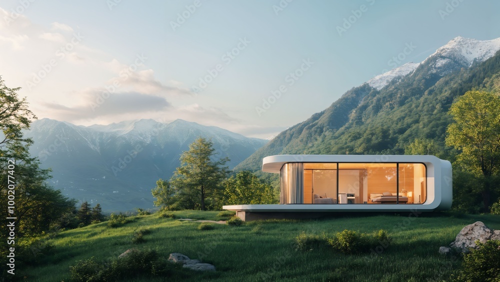 A Serene Retreat: A Modern Architectural Marvel Nestled in Nature's Embrace with Majestic Mountains as the Backdrop, Blending Contemporary Design and Natural Beauty Perfectly. A Serene Retreat: A Modern Architectural Marvel Nestled in Nature's Embrace with Majestic Mountains as the Backdrop, Blending Contemporary Design and Natural Beauty Perfectly.