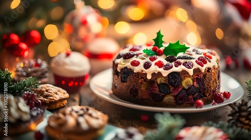 Close-up of a beautifully decorated Christmas fruitcake, surrounded by festive holiday treats and twinkling lights. The warm and inviting holiday scene showcases the traditional Christmas dessert