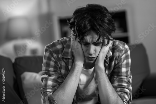 Depression, young depressed man in a darkened living room, visibly distressed, holding his head in his hands. the dim lighting, emphasizing a strong emotional struggle or despair