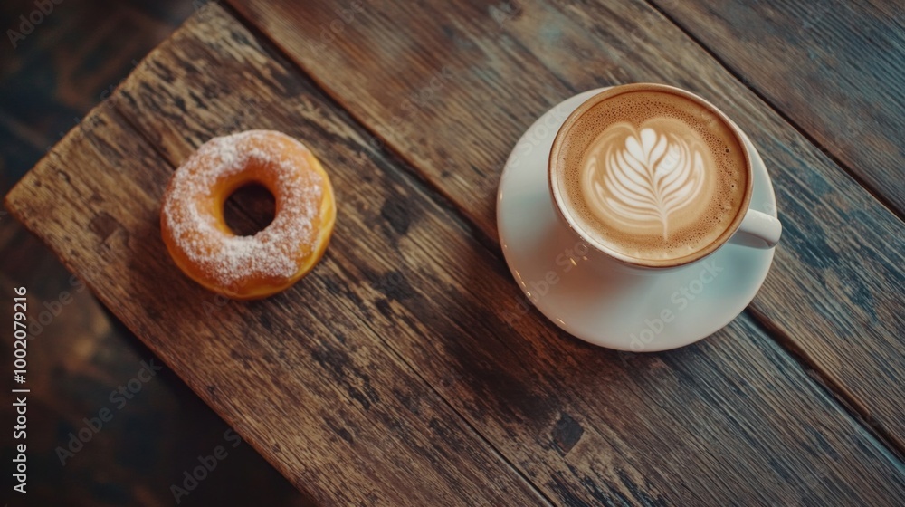 Top view of latte and orange donut on wooden desk