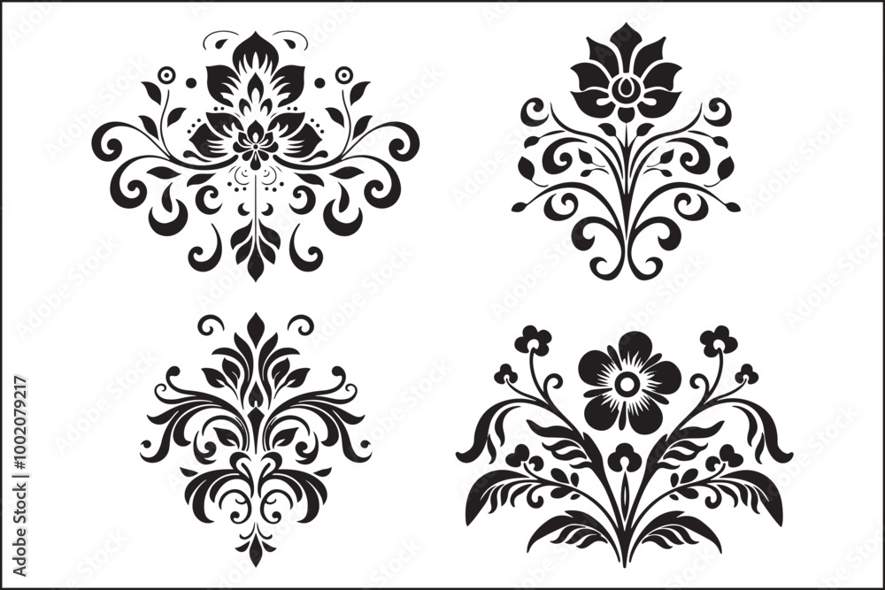 A collection of black and white designs with a white background A collection of black and white designs with a white background