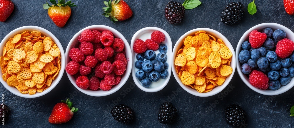Four white bowls of cereal, raspberries, blueberries and strawberries on a dark background. Four white bowls of cereal, raspberries, blueberries and strawberries on a dark background.