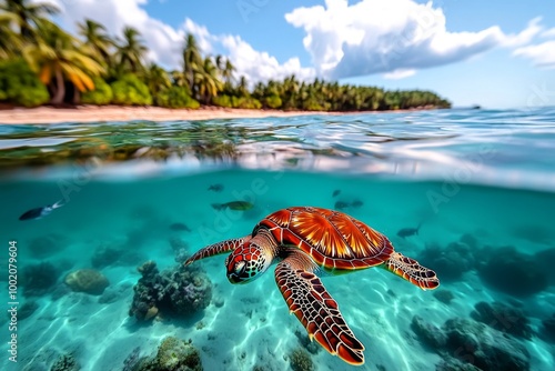 A coral reef restoration project, with marine life like fish, sea turtles, and colorful corals returning to a healthy, biodiverse ecosystem photo