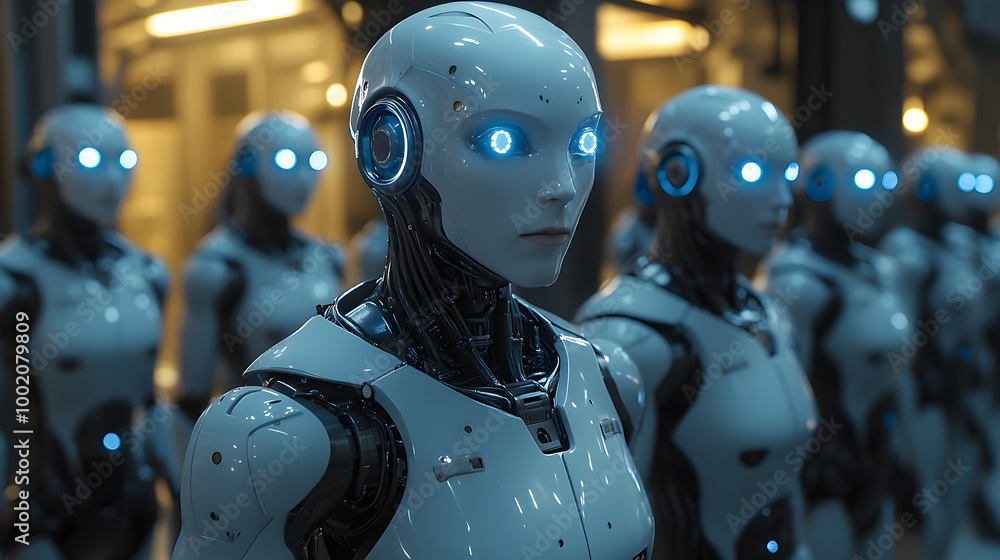 A Group of Sleek Futuristic Robots with Glowing Blue Lights
A Group of Sleek Futuristic Robots with Glowing Blue Lights