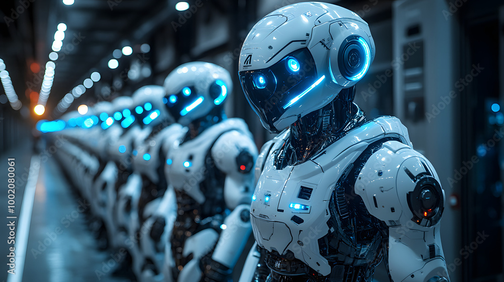 A Group of Sleek Futuristic Robots with Glowing Blue Lights
A Group of Sleek Futuristic Robots with Glowing Blue Lights