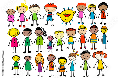 Children stick figure collection clipart vector, stick girls, stick boys, illustration silhouette