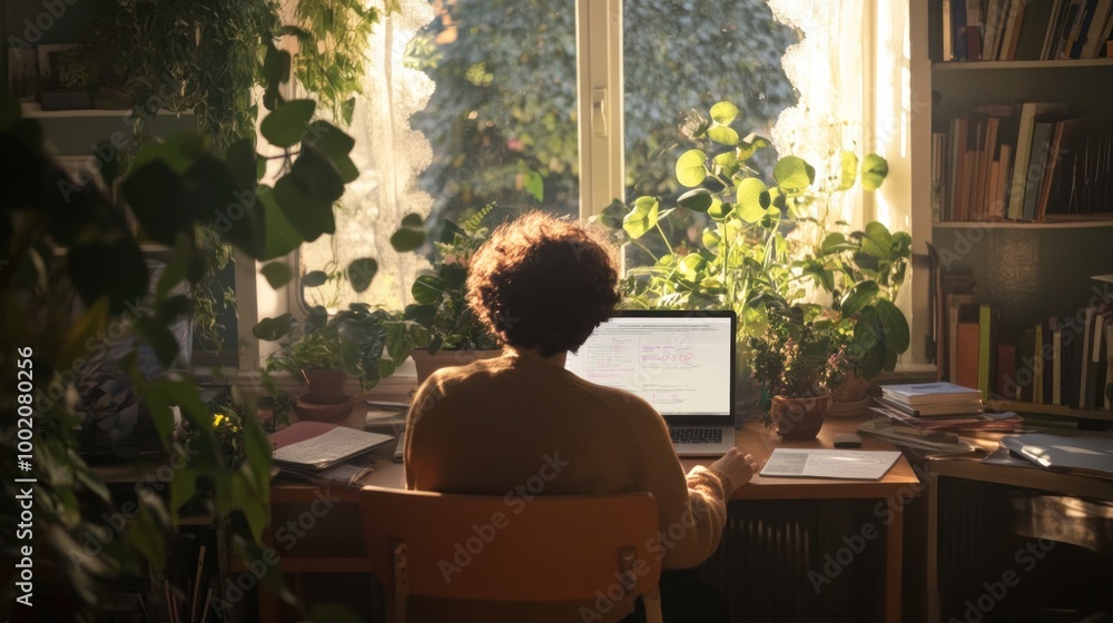 Student engaged in online studying at a laptop, actively taking notes at a desk, digital education and remote classes. Student engaged in online studying at a laptop, actively taking notes at a desk, digital education and remote classes.