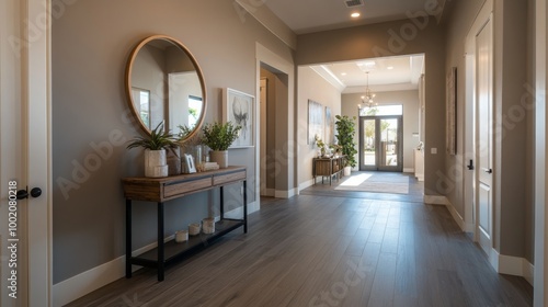 This contemporary farmhouse entryway showcases gray luxury vinyl plank flooring and soft gray walls. A rustic console table, round mirror, and potted plants enhance the welcoming atmosphere photo