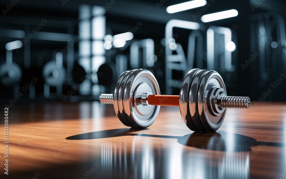A single dumbbell lies on the wooden floor of a gym, with a blurred background of exercise equipment. A single dumbbell lies on the wooden floor of a gym, with a blurred background of exercise equipment.