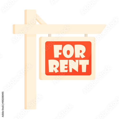 Wooden sign with the inscription for rent in cartoon style on a white background. Sign for rent. Sign made of light wood painted red. Cute for rent sign.